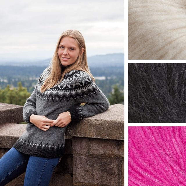 A model wearing a colorwork knitted pullover sweater in gray tones on the left, with 3 thumbnails of yarn on the right to suggest a new color palette: white, black, and hot pink.