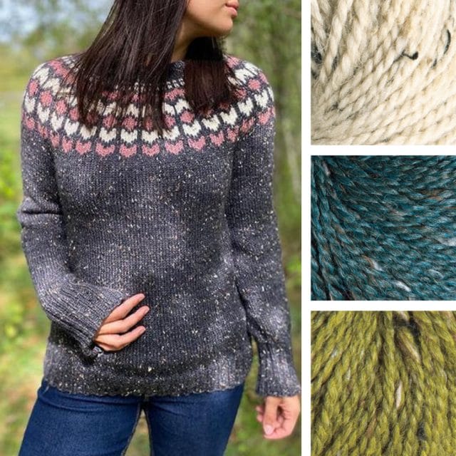A model wearing a colorwork yoke knitted pullover sweater in gray, pink, and cream on the left, with 3 thumbnails of yarn on the right to suggest a new color palette: cream, teal, and chartreuse.