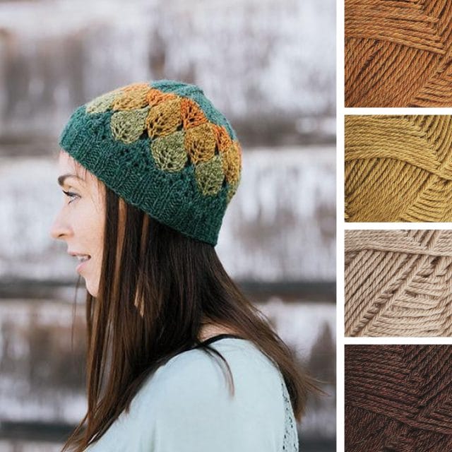 A model wearing a knitted hat with leaf motifs (in green and orange) on the left, with 4 thumbnails of yarn on the right to suggest a new color palette: orange, gold, tan, and brown.