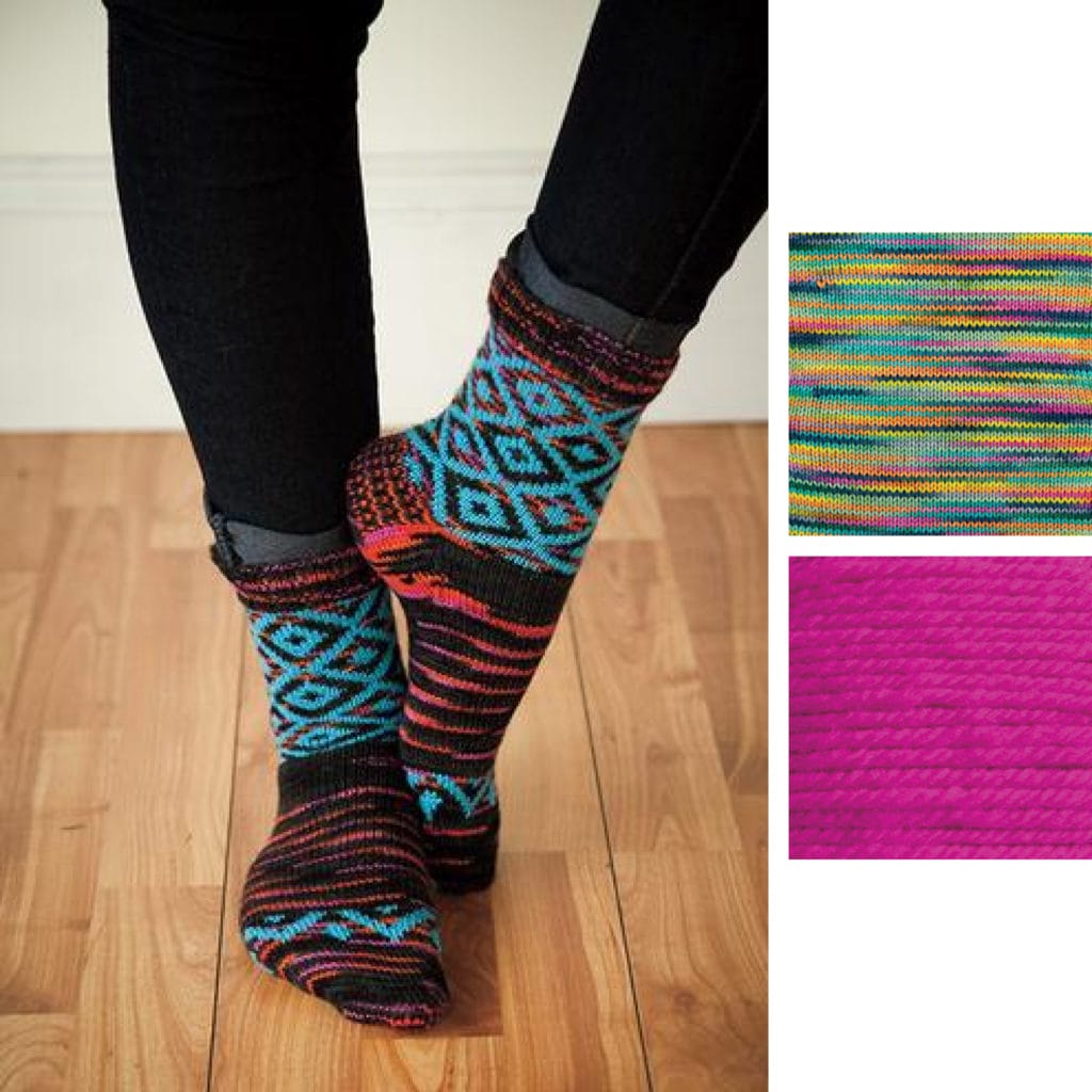 Feet modeling hand-knitted socks with a diamond pattern on the left, with 2 thumbnails of yarn on the right to suggest a new color palette: multicolored green/yellow/pink and hot pink.