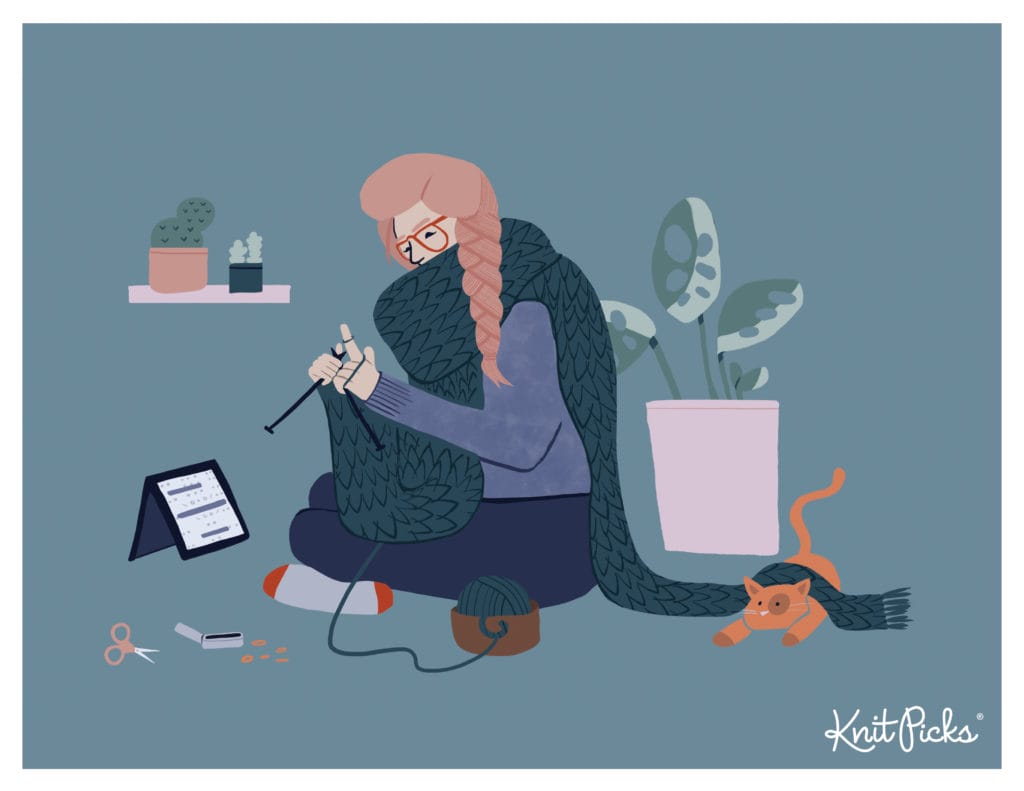 Artful graphic illustraion of a person knitting a scarf