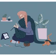 Artful graphic illustraion of a person knitting a scarf