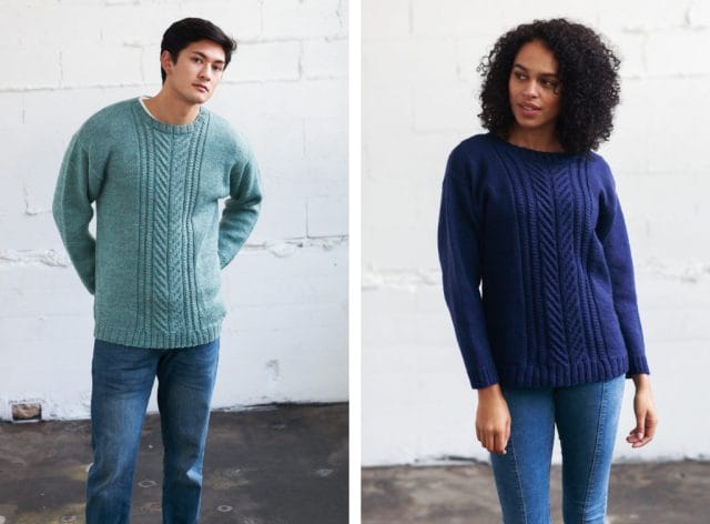Two photos: on the left, a man wearing an aqua blue pullover, and on the right, a woman wearing a dark blue pullover. The sweaters are the same design: a symmetrical cable running up the center front, and stockinette everywhere else.