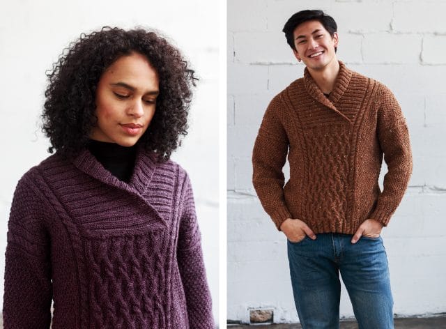 Two photos: on the left, a woman wearing a dark purple sweater, and on the right, a man wearing a brown sweater. Both sweaters are the same design: a pullover with an overlapping shawl collar, with a panel of cable twists below the collar down to the bottom, textured stitches on the rest of the sweater, and cables wrapping around the upper arms and up alongside the collar.