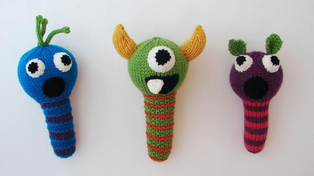 Monster Rattles: Knitted rattles with monster faces