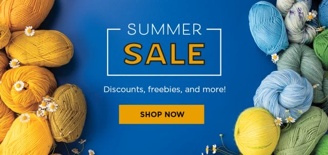 A blue background with yellow & green yarn that says "Summer sale. Discounts, Freebies, and More! Shop Now"