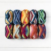 10 skeins of Felici sock yarn in 2 rows of 5.