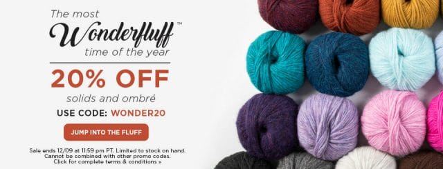 Banner reads, "The most Wonderfluff time of the year. 20% off solids and ombre. Use code WONDER20. Jump into the fluff. Sale ends 12/09 at 11:59 pm PT. Limited to stock on hand. Cannot be combined with other promo codes. Click for completed terms and conditions"