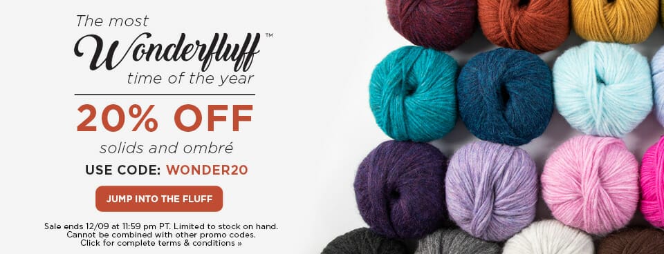 Banner reads, "The most Wonderfluff time of the year. 20% off solids and ombre. Use code WONDER20. Jump into the fluff. Sale ends 12/09 at 11:59 pm PT. Limited to stock on hand. Cannot be combined with other promo codes. Click for completed terms and conditions"