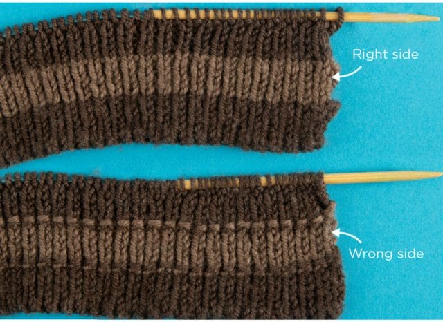 A photo of striped ribbing showing the difference between the RS and WS. 