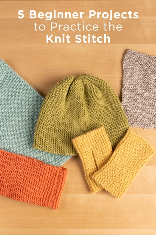 Banner reads "Beginner Projects to Practice the Knit Stitch" over a photo of five garter stitch projects.
