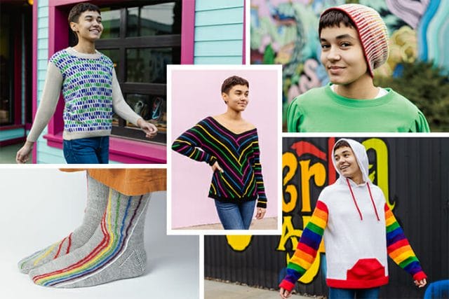Un collage muestra un suéter gris con toques de azul y verde, un suéter con cuello en V con rayas de arco iris de neón, un sombrero de rayas de arco iris, calcetines de rayas de arco iris y una sudadera con capucha blanca con mangas de rayas de arco iris.
