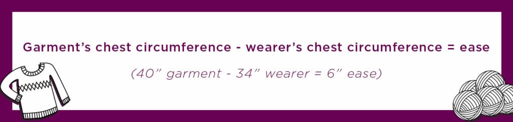 Text graphic reads, "garment’s chest circumference - wearer’s chest circumference = ease. (40" garment minus 34" wearer equals 6" ease)