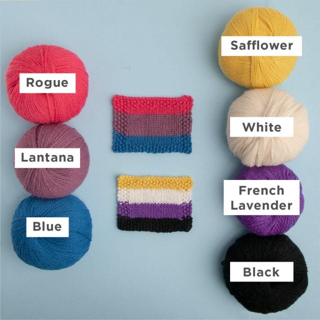 Photos show the Palette yarn colors and flags referenced in the table above. Included are Rogue, Lantana, and Blue for the Bisexual Pride flag. Also included are Safflower, White, French Lavender, and Black for the Nonbinary Pride Flag. 