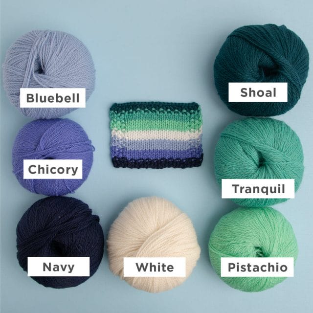 Photos show the Palette yarn colors and flags referenced in the table above.  Included are Bluebell, Chicory, Nay, White, Pistachio, Tranquil, and Shoal for the Gay Men flag.