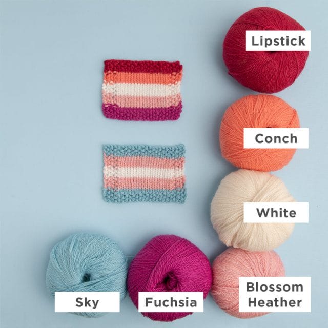 Photos show the Palette yarn colors and flags referenced in the table above.  Included are Sky, Blossom Heather, and White for the Trans Pride Flag. Also included are Lipstick, Conch, White, Blossom Heather, and Fuchsia for the Lesbian Pride Flag. 