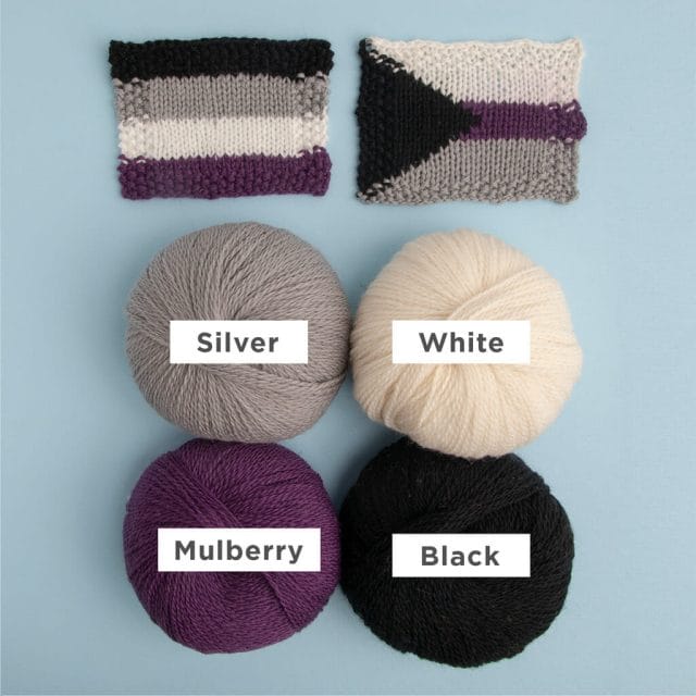 Photos show the Palette yarn colors and flags referenced in the table above. Included are Silver, White, Mulberry, and Black for both the Asexual Flag and the Demisexual Pride Flag