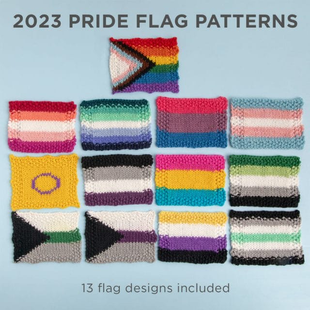 Graphic reads "2023 Pride Flag Patterns" and has 13 handknit pride flags for different identities. 