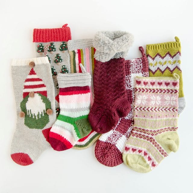 A collection of knit and crocheted Christmas stockings