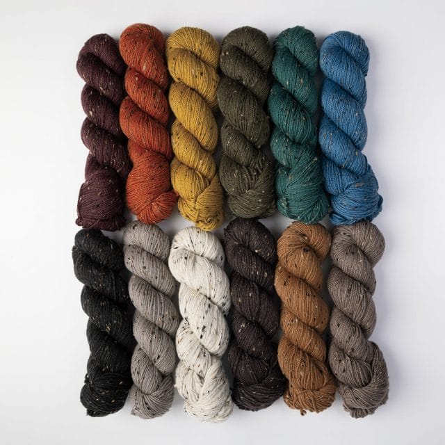 A rainbow of High Desert Tweed hanks of yarn